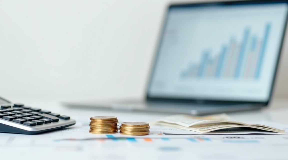 Kalkulator, monety i laptop z wykresem finansowym symbolizujące analizę kosztów pożyczek.