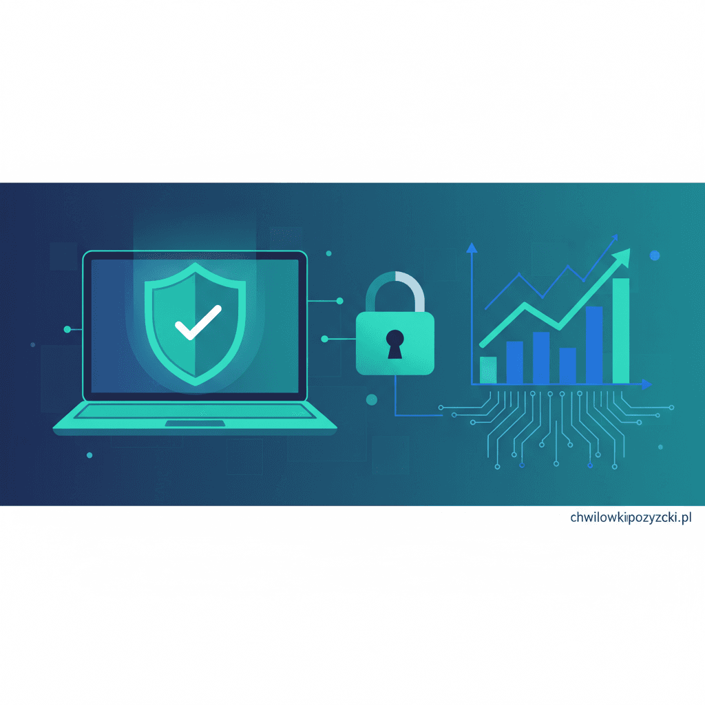Bezpieczne pożyczanie online - laptop z ikoną tarczy i kłódki